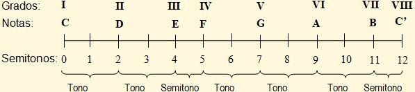 Diagrama lineal de la escala mayor de Do con indicación de tonos y semitonos entre sus grados
